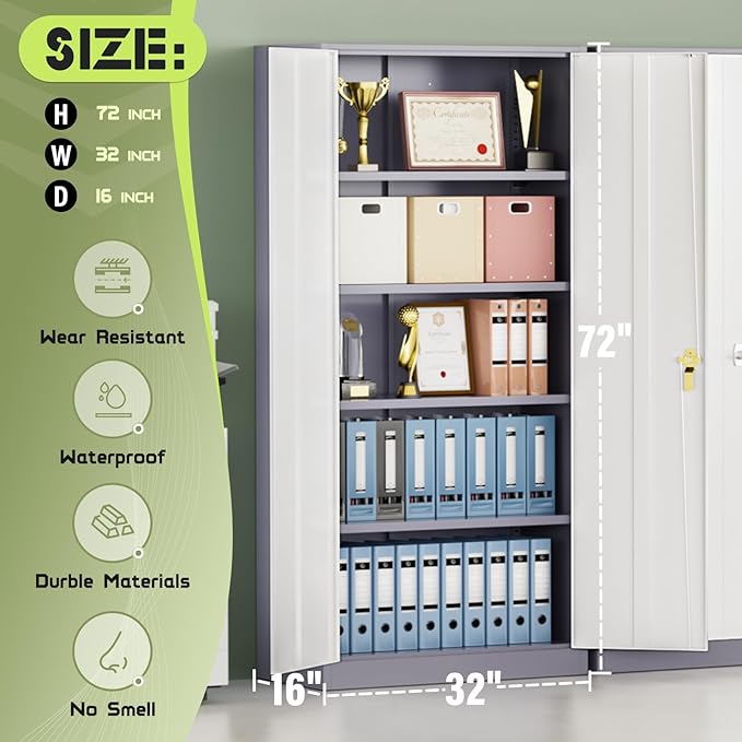 Oakmont Metal Storage Cabinet for Tool Organization, 72" Lockable Garage Storage Cabinets with 2 Doors and 4 Adjustable Shelves, Locking File Cabinet for Office, Home, School (72“ Standard-GreyWhite)