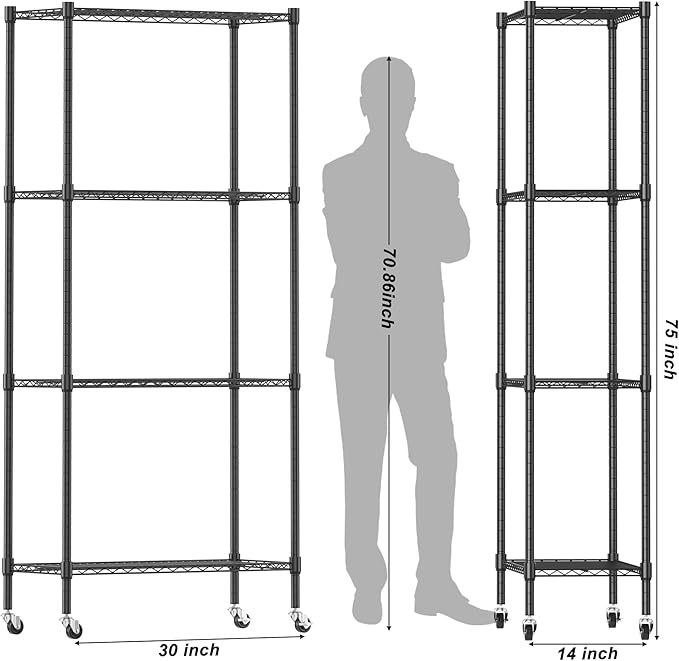 Homdox Heavy Duty 4-Tier Metal Shelving Unit with Adjustable Shelves, Rolling Storage Rack for Kitchen, Garage, Pantry, 29.92"x13.98"x74.41", Black
