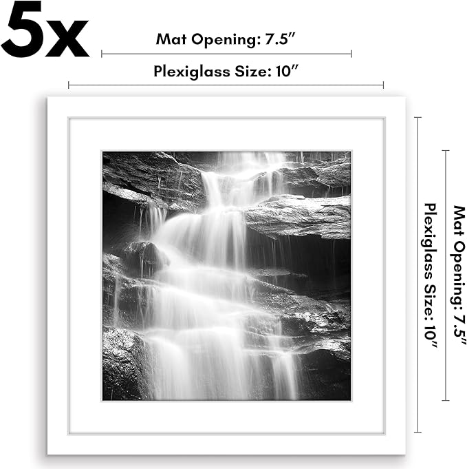 Americanflat 10x10 Picture Frame with Polished Plexiglass - Set of 5 - Use as 8x8 Frame with Mat or Display 10x10 Photo Without Mat - Galleria Collection - Square Frames or Tabletop and Wall - White