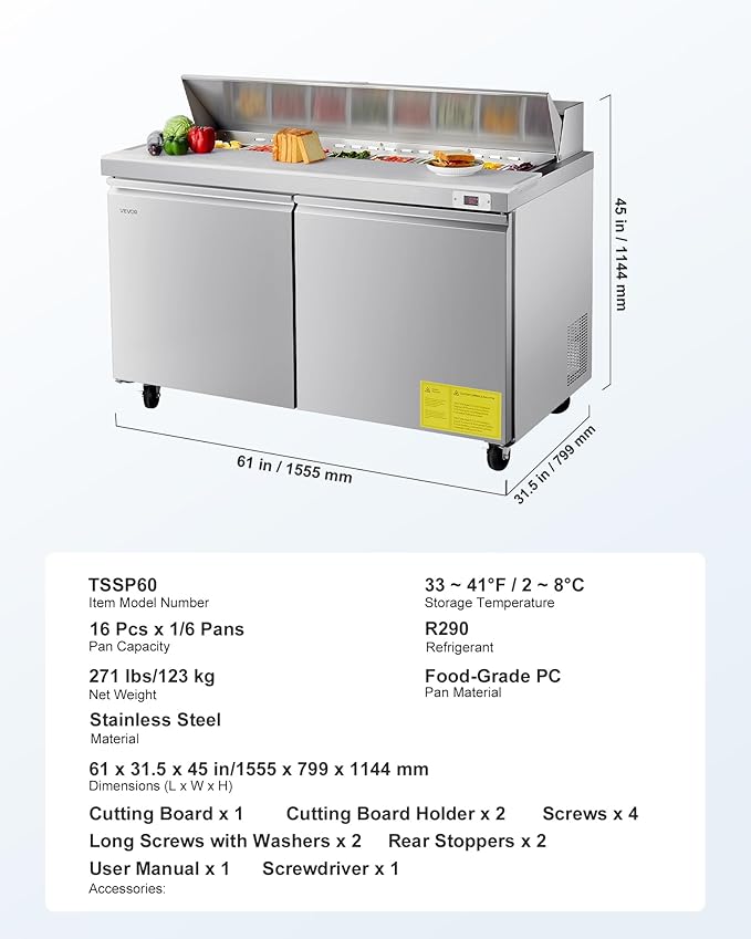 VEVOR 60" W Commercial Refrigerator, 15.4 Cu. Ft Sandwich Prep Refrigerated Table, Mega Top Food Prep Fridge with 16 Pans Cutting Board, Stainless Steel Salad Prep Cooler for Restaurant, Food Truck