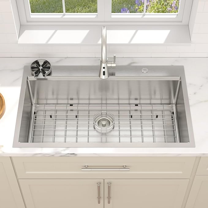 Dcolora 36 In. Workstation Kitchen Sink with Cup Washer, Drop In Luxury Extra Large Single Bowl for Big Kitchen, 304 Stainless Steel Heavy Duty 16 Gauge, 5 In 1 Valued Accessories #DC-TW258008S