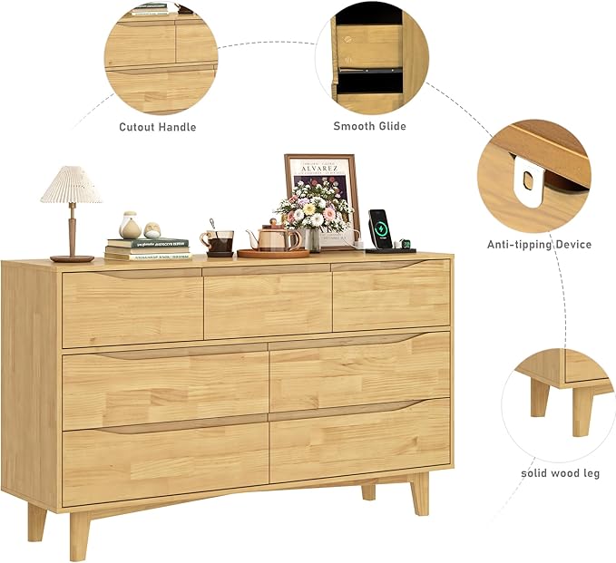 55”Solid Wood Drawers Dresser with Power Outlets, 7 Drawer Dresser for Bedroom, Mid Century Modern Vintage Large Chest of Dresser for Hallway, Entryway,Cutout Handle, Storage Essentials, Natural