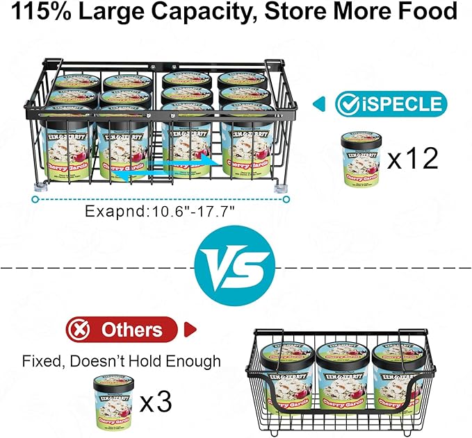 iSPECLE 4 Pack Freezer Organizer Bins, Adjustable Wire Baskets for 10 to 20 Cu.Ft Chest Freezer, Stackable Storage with Handles, Deep Freeze Organizer for Meat & Vegetables, Black