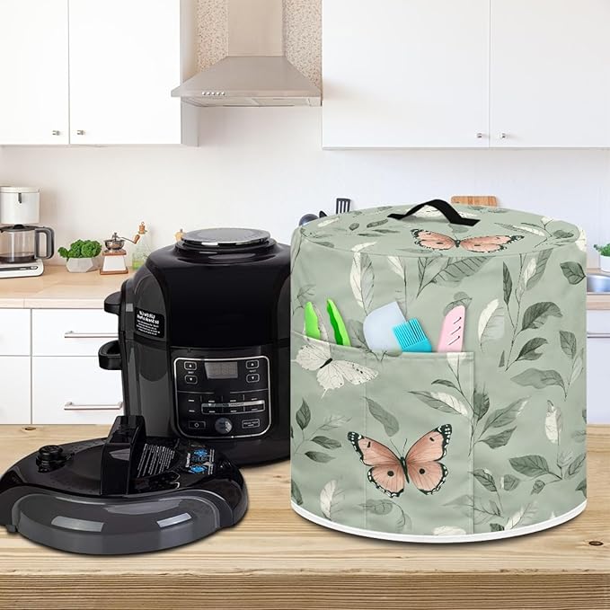 Dust Cover for 6 Quart Pressure Cooker Cover Dust Protection Easy Cleaning Electric Appliance Air Fryer with Pocket Home Decor, Butterfly Leaf Green