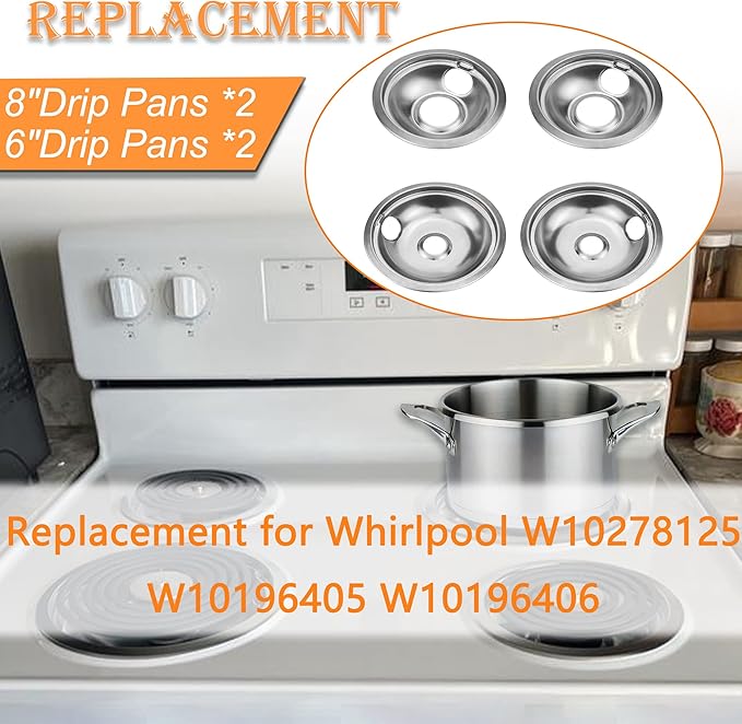 Chrome Drip Pan Stove Burner Covers, Electric Stove Burner Drip Pans for Whirlpool W10278125, 4 Pack (4x8")