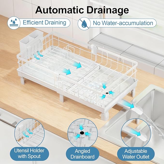 GSlife Expandable Dish Drying Rack for Kitchen Counter - Compact Rust-Resistant Dish Racks with and Cup Holder for Small Apartment, 12.2" W x 12"-19.5" L, White