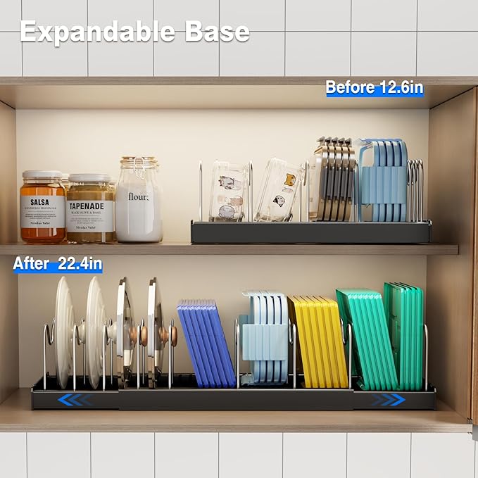 Pots and Pans Organizer Under Cabinet, 22" Expandable Food Storage Container Lid Organizers with 9 Adjustable Dividers Pot and Pan Lid Holders Rack Inside Cabinet/Countertop(1 Pack, Black)