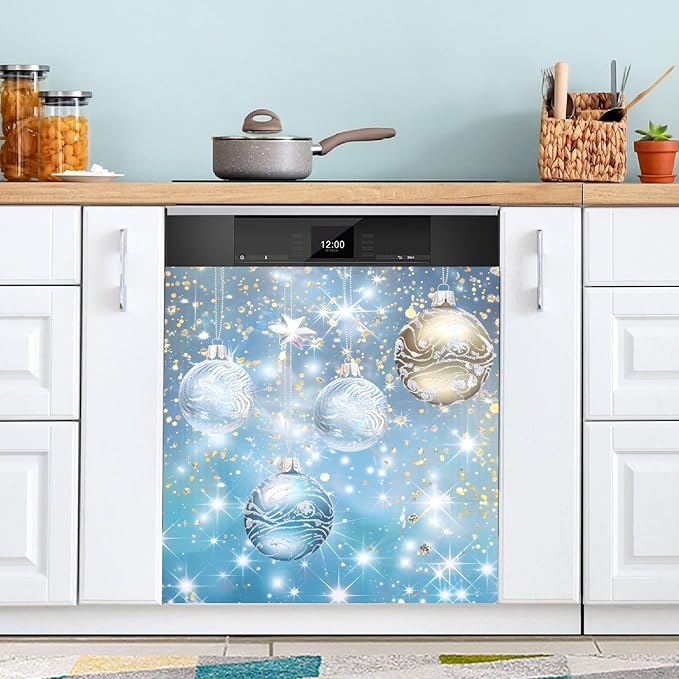Christmas Ball Dishwasher Magnet Cover Panel Blue Gold Ball Magnetic Dishwasher Covers Refrigerator Sticker Decal Xmas Decorative Washing Machine Cover for Home Kitchen,23x26in