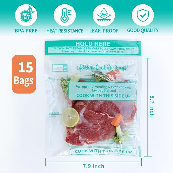 Microwave Steamer Bags 15 Pack Zip Steam Vegetable Cooking Bag for Potatoes Meat, 7.9 X 8.7 Inches