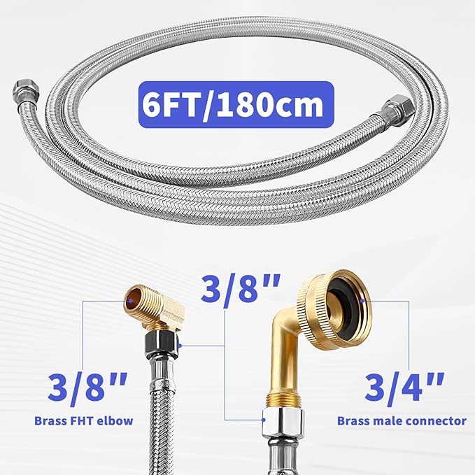 Dishwasher Installation Kit, Braided Stainless Steel Dishwasher Connector, 6 FT Water Supply Line with 3/8 Inch Compression Ends, 3/8 Inch MIP Elbow and 3/4 Inch FHT Elbow, Short Distance Connection