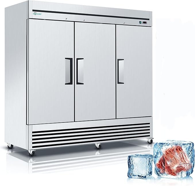 COOLCHEF 81"Commercial Freezer, 72 Cu.Ft Triple-Door Stainless Steel Reach-In Freezer, -8~0℉, Air Cooling, 9 Shelves, R290
