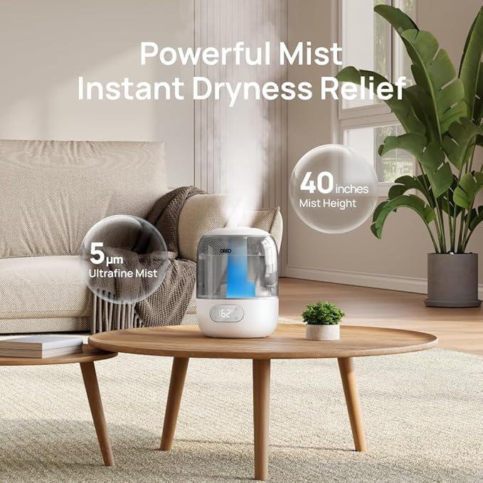 DREO Humidifiers for Bedroom, Cool Mist Ultrasonic Humidifiers with 30Hr Runtime, Top Fill 3L Tank, Easy Clean, Humidity Sensor, Night Light for Baby, Nursery, 360° Nozzle for Plants and Home, Grey