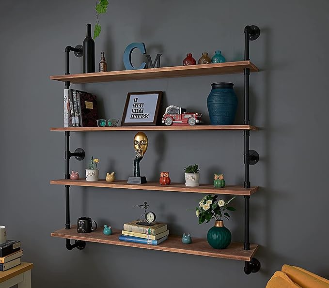 Floating Bookshelf Shelves Industrial Pipe Shelving Floating Pipe Shelf with Wood Planks 48 inch Industrial Wall Shelves Rustic Hanging Bookshelf Farmhouse Kitchen Shelving