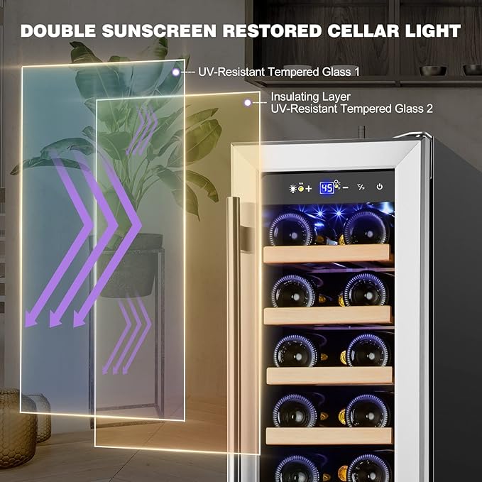 Tylza 12" Wine Cooler Refrigerator, 18 Bottles Wine Fridge Built-in or Freestanding with Stainless Steel & Double-Layer Tempered Glass Door, Compressor Fast Cooling, Low Noise and No Fog, Mini Fridge
