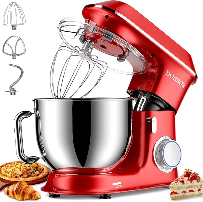 Electric Stand mixer, 9.5QT 660W 6 Speeds Tilt-Head Dough Mixers, Bread Mixer with Dough Hook, Whisk, Beater, Splash Guard for Baking Bread, Cake, Cookie, Pizza, Muffin, Salad and More (Red)