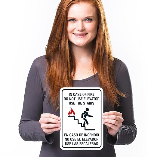 in Case of Fire Do Not Use Elevator Use The Stairs Bilingual Sign, Fire Safety Sign, 10x7 Inches, 4 Mil Vinyl Decal Stickers Weather Resistant UV Protected, Made in USA
