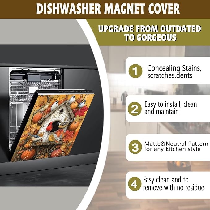 Farmhouse Fall Harvest Birdhouse Dishwasher Magnet Cover,Pastoral Pumpkins Magnetic Dishwasher Cover Vinyl Sticker,Fridge Door Cover Magnets Art Skin Panel Decal,Home Decor Decal,23"X26"