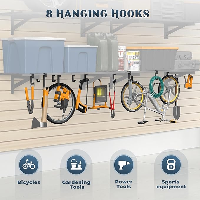 4-Pack 1.5x4ft Garage Shelving Wall Mounted, 1.5 x 4' Heavy Duty Garage Storage Shelves with Hooks, 1000LB Capacity