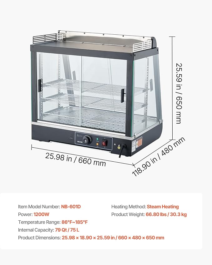 VEVOR 3-Tier Commercial Food Warmer Display, 1200W Food Display Warmer with LED Light, Top Storage and Adjustable Shelves, 86℉~185℉ Steam Heating, 75L for Hamburger, Pizza, Bread, Fried Chicken