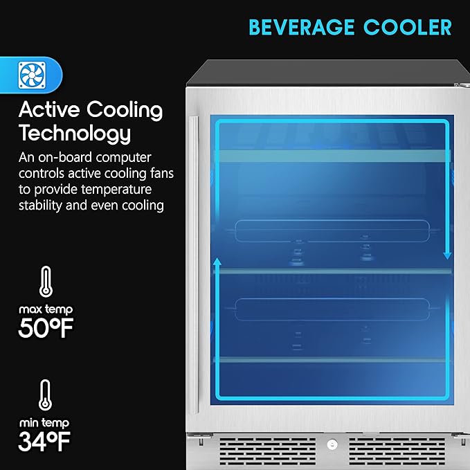Zephyr 24" Wine Fridge & Beverage Refrigerator ADA Single Zone Under Counter - Mini Wine Cooler Cellars Small Beer Fridge Cabinet Drink Chiller Freestanding with Glass Door - 7 bottles 112 cans
