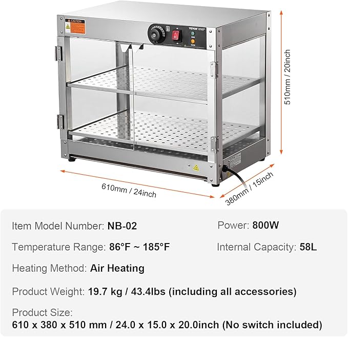 VEVOR 2-Tier Commercial Food Warmer Display, 800W Food Display Warmer with Light to Enhance Food Display, 86℉~185℉ Temperature Control, 58L Large Capacity for Hamburger, Pizza, Bread, Fried Chicken