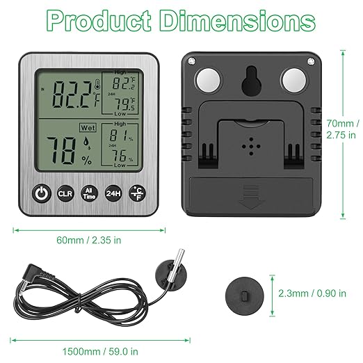 2 Pack zz20 Digital Fridge Thermometer with Extra Sensor, Hygrometer - Max/Min Temp & Humidity, Black