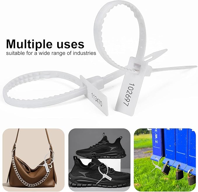 Heavy Duty Plastic Security Seal - Self Locking Tamper Evident Shipping Tags, Numbered Pull Tight Securing Straps for Truck Trailer, Length 337 mm 13.2" (White 100 PCS)