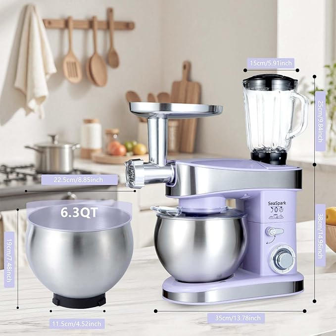Multifunctional Stand Mixer, 6 in 1 Stand Mixer, 6.3Qt Tilt-head, Standing Mixer with Stainless Steel Bowl, Meat Grinder, Juice Blender, for professional Baking and Most Home Cooks, Purple