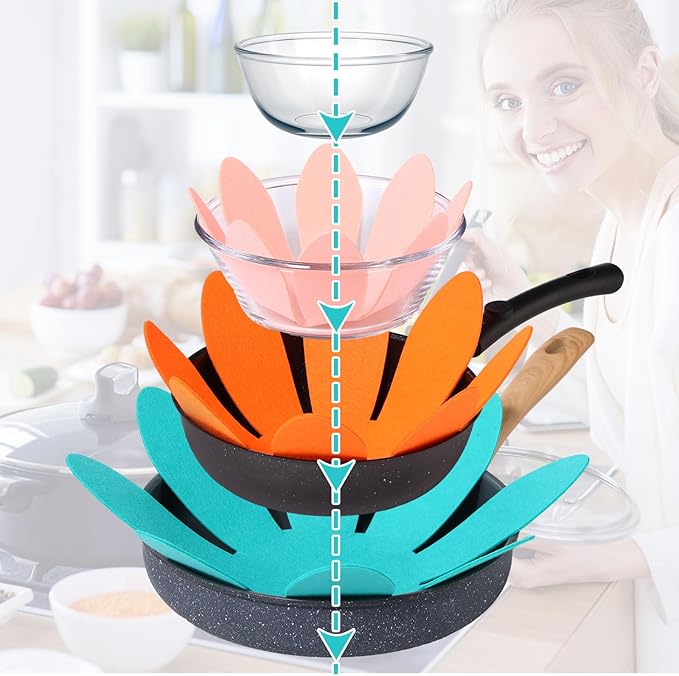 Queekay 12 Pcs Felt Pot and Pan Protectors 12/14/16 Inch Larger Thicker Pan Protector Pads, Colorful Pot Separators for Stacking Cookware Organizing Protecting(Bright Color)