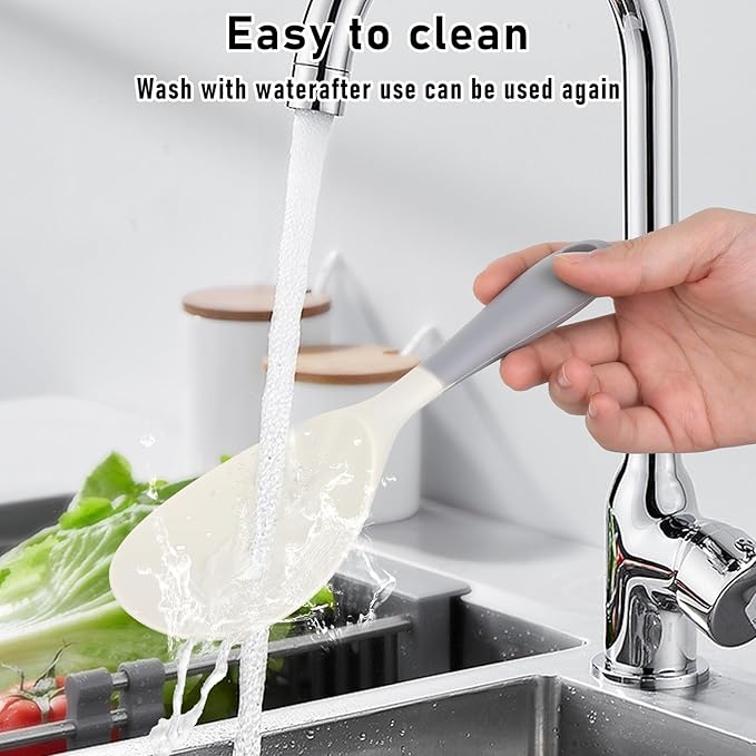 Silicone Rice Paddle, Non Stick Heat Resistant Rice Spoon Kitchen Gadge Scooper Cooking Utensil Cooker Spoon for Salads Mashed Potato (Grey)