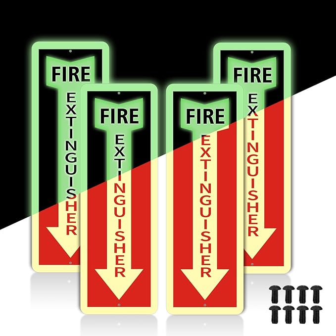 Fire Extinguisher Sign,4 Pack Reflective Fire Extinguisher Signs for Business,4 x12 Inch Aluminum Metal Safety Signs,Glow in the Dark,Weather Proof, Easy to Install, Indoor Outdoor Use