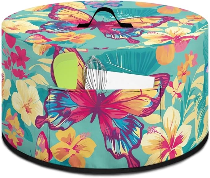 Butterfly Tropical Flower Leaf Print Slow Cooker Dust Cover Compatible with 6/7/8 Quart Slow Cooker Dust Proof Electric Slow Cooker Cover with Storage Pocket for Crock Pot Decor