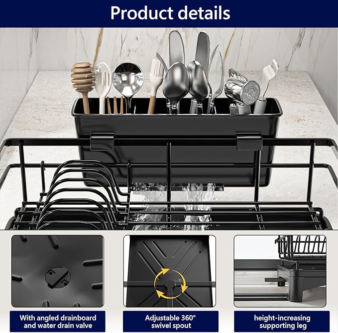MIKEE Large Dish Drying Rack for Kitchen Counter, Expandable Rustproof Dish Drainer - Over The Sink Dish Drying Rack with 360° Rotating Drain, Kitchen Utensil Holder, Home and Kitchen Organization