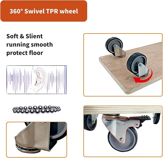 Furniture Mover Dolly Portable Wood Rolling Mover for Heavy Furniture Sofa Cabinet Refrigerator, with 4 360° Rotatable Rubber Universal Wheels, 551 Lbs Capacity, Black (Hardwood Rectangle)