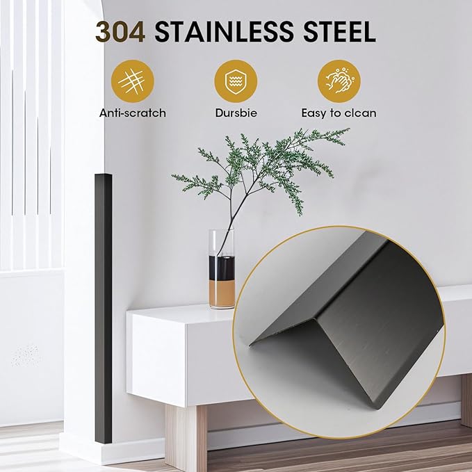 Stainless Steel Wall Corner Guards, 2 x 2 x 48 inches (Black 10 Pcs Pack). Made of 304 Steel, These 90-Degree Angle Metal Corner Protectors are Designed for Wall Protection and Decoration