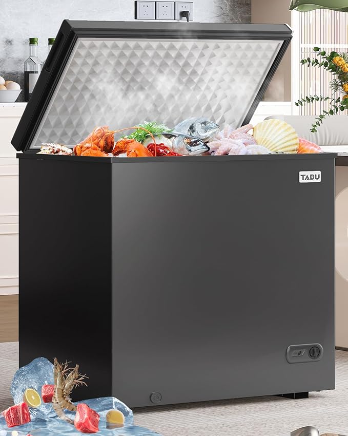TABU 10 Cubic Feet Chest Deep Freezer, Large Freestanding Chest Freezer with 7 Level Adjustable Temperature& Removable Storage Basket, Top-opening,Energy Saving, Black