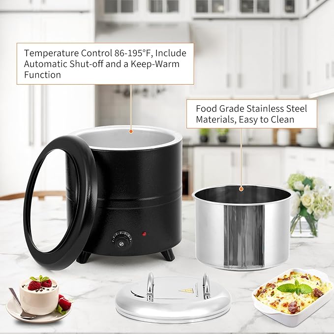 13.7QT Electric Soup Warmer Kettle - Commercial Detachable Insert Soup Pot with Adjustable Temperature, Hinged Lid & Multi-Food Use (Soup/Porridge/Dishes/Milk), Black for Restaurant/Buffet