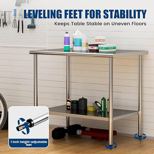 Stainless Steel Work Table 30 x 60 Inch with Adjustable Undershelf, Heavy-Duty Metal Prep Table for Commercial Kitchen & Restaurant, Garage, Outdoor