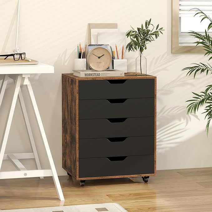 File Cabinet, Mobile Filing Cabinet w/Universal Wheels & 5 Drawers, Wood Printer Stand with Storage, Rolling File Cabinets for Home Office, Living Room, Bedroom (Rustic Brown, 5 Drawers)