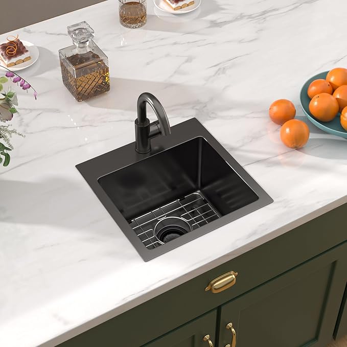 Bar Sink with Faucet - 15x15 Inch Gunmetal Black Bar Sink 16 Gauge Stainless Steel Drop In Rv Kitchen Sinks Top Mount Single Bowl Small Wet Sinks #TLT-0017