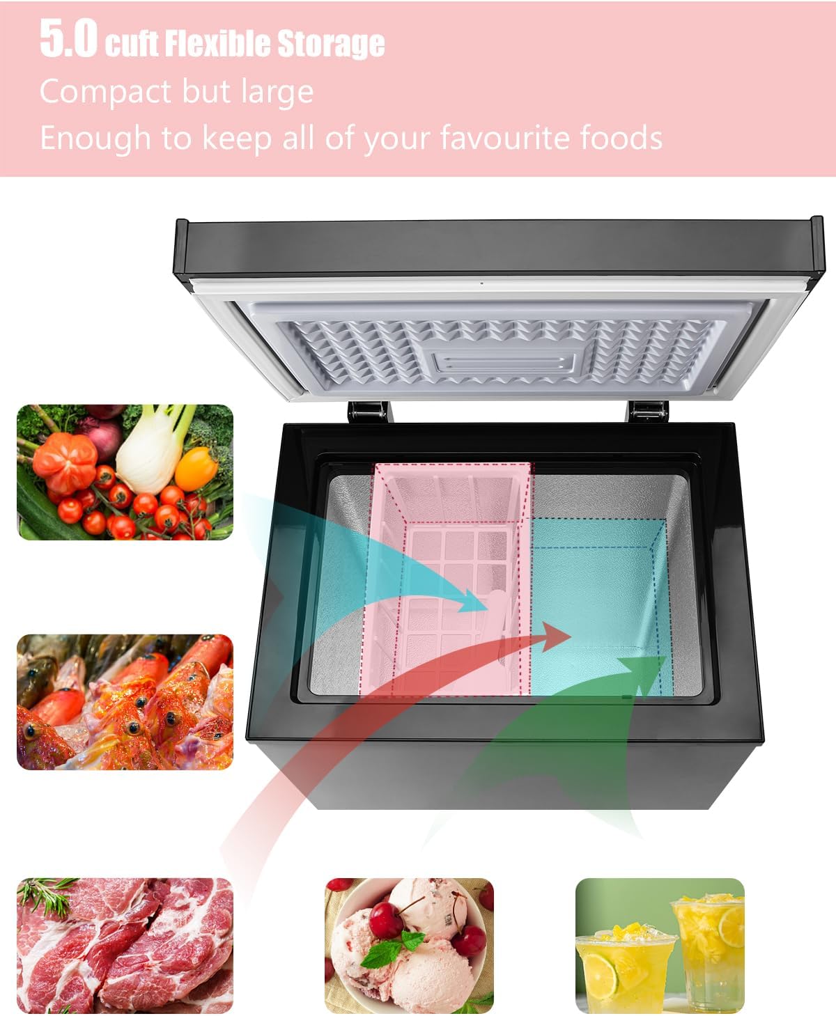 5.0 Cu.Ft Chest Freezer with 7 Gears Temperature Control(-16°F to -48°F), Deep Compact Freezer with a Removable Basket, for House, Kitchen, Garage, Basement, Shop, Black