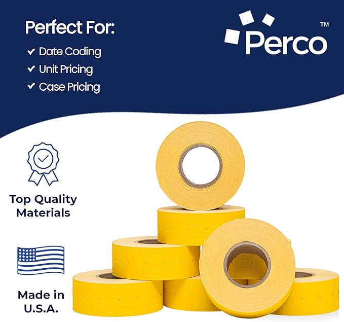 Perco 1 Line Yellow Labels - Case of 30 Sleeves, 240,000 Blank Pricing Labels for Perco Lite, X, Plus and Pro 1 Line Price and Date Guns
