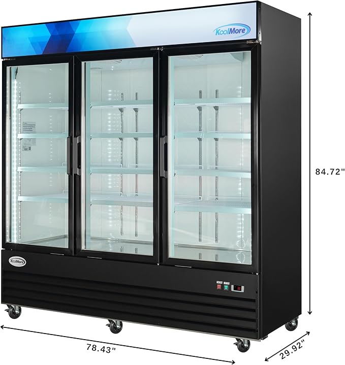 KoolMore - MDR-3GD Koolmore 78 1/4" Commercial Glass 3 Door Display Refrigerator Merchandiser - Upright Beverage Cooler with LED Lighting - 53 Cu. Ft. Black