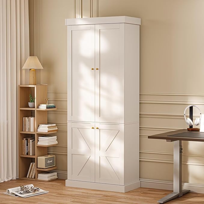 70.8" Tall Farmhouse Kitchen Pantry Cabinet with Doors, Modular Storage Cabinet with 4-Tier Adjustable Shelves, White, Wooden Hutch for Living Room, Kitchen, Set of 2