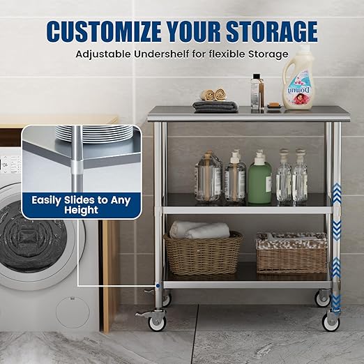 Stainless Steel Work Table with Wheels, 24x36 Inch NSF Kitchen Prep Table with 2 Adjustable Undershelves for Commercial Restaurant, Garage, Outdoor BBQ