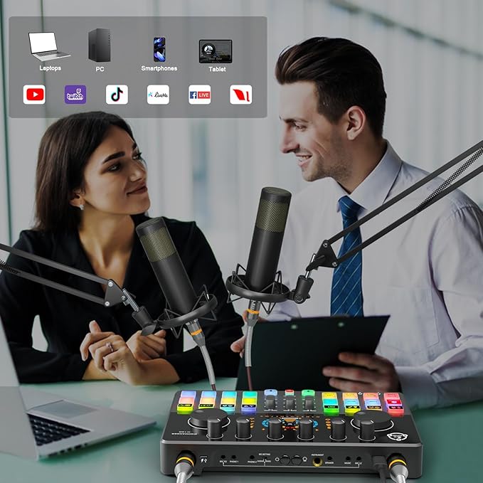 Podcast Equipment Bundle for 2, Audio Mixer with XLR Dynamic Microphone, Voice Change,RGB for Vocal Recording Podcasting,Streaming Singing TikTok, PC, Smartphone COMMANDER M100 3rd