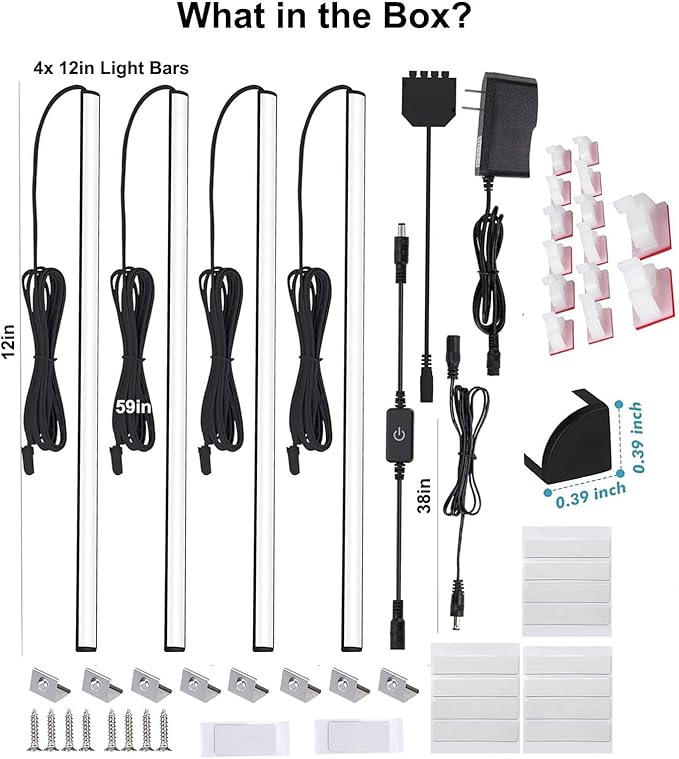 Martronic 4-Pack 12 Inch LED Display Case Lighting Kit, Black Dimmable Bookshelf Light Bars with 12V Power Adapter, 6000K Bright White, Plug-in Slim Lights for Shelves, Curio Cabinets, and Bookcases