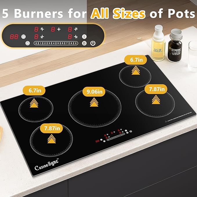 36 Inch Built-In Induction Cooktop, 5 Burner Electric Stove Top, 10800W 240V Hardwired, Touch Control with Power Boost, 9 Levels, Timer, Child Lock & Residual Heat Indicator