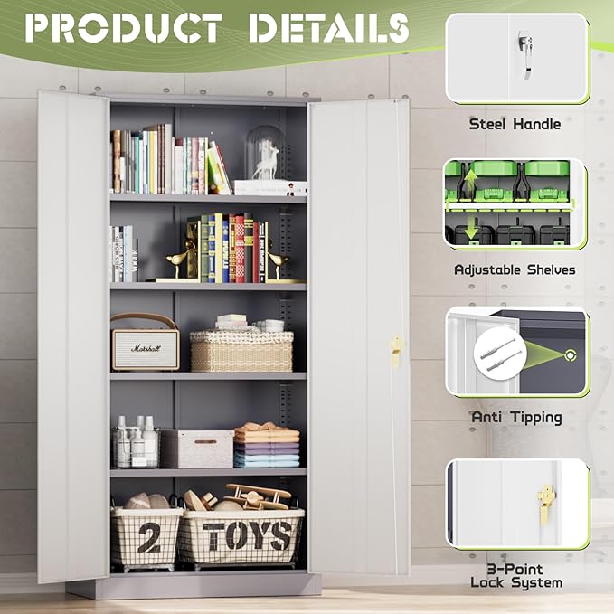 Oakmont Metal Storage Cabinet for Tool Organization, 72" Lockable Garage Storage Cabinets with 2 Doors and 4 Adjustable Shelves, Locking File Cabinet for Office, Home, School (72“ Standard-GreyWhite)