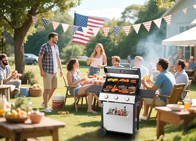3 Burner Propane Gas Grill, Stainless Steel Cabinet with Side Table & Knob Controls, BBQ Grills Cast Iron Grates and Thermometer for Outdoor Cooking, Patio, BBQ